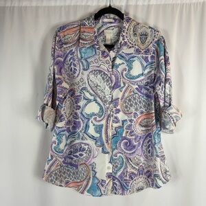 Chicos No Iron Shirt Size 1 Medium
Purple Blue Paisley Art To Wear Long
Sleeve